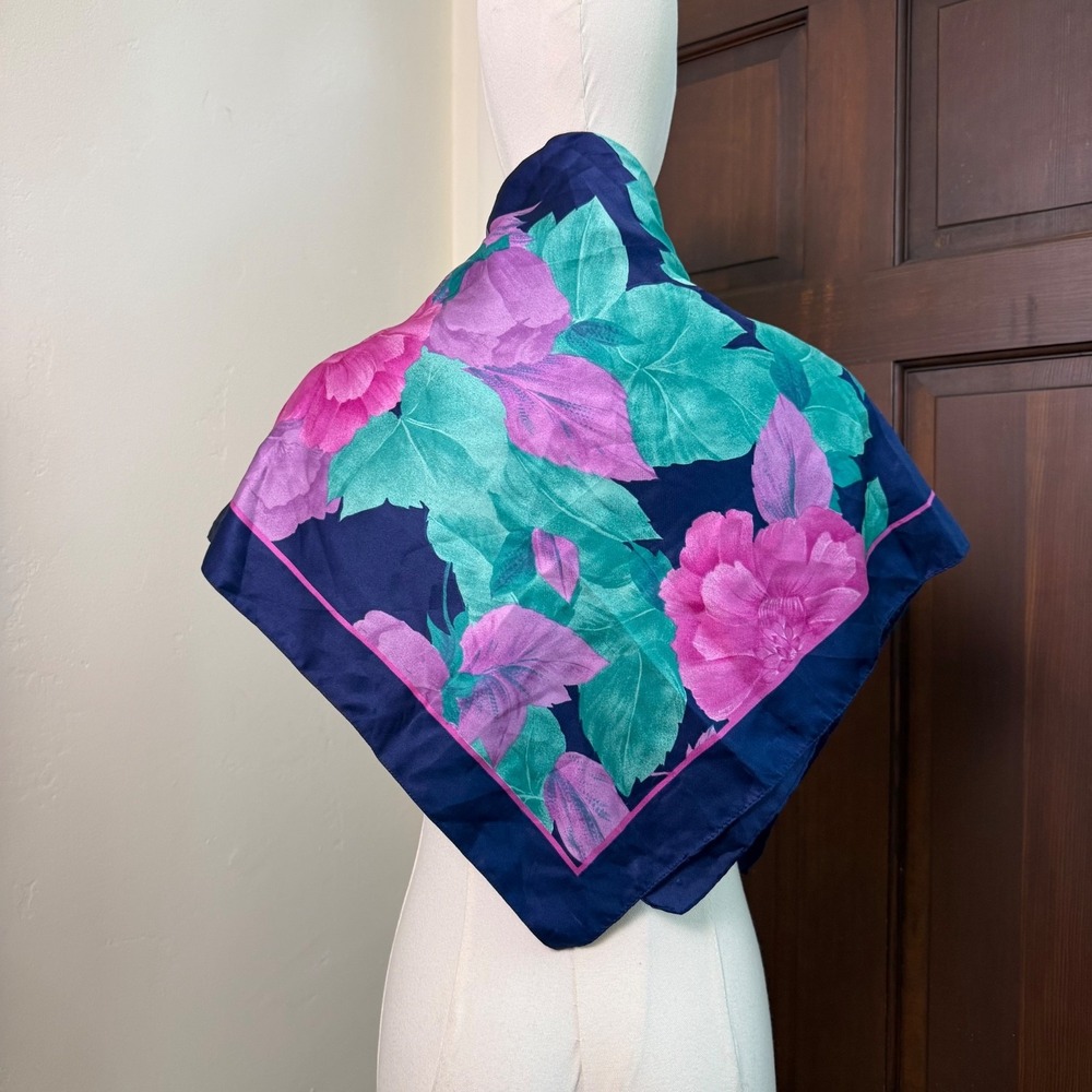 Vintage Floral Scarf Retro 90s XL | Blue Aqua Pink | 30" x 30" Square